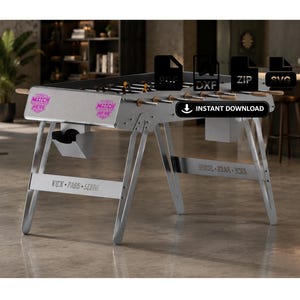 May include: A silver foosball table with light wood handles and metal legs. The side features the text "KICK • PASS • SCORE" and pink "MATCH HERE" logos. Digital file icons for PDF, DXF, ZIP, and SVG are visible with an "INSTANT DOWNLOAD" button.