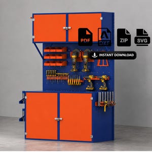 Op de afbeelding: Een blauwe en oranje metalen werkplaatsopbergeenheid met een bovenkast, een onderkast met dubbele deuren en een centraal geperforeerd paneel. Het paneel bevat diverse handgereedschappen, boormachines en kleine opbergbakken. Inclusief PDF-, DXF-, ZIP- en SVG-bestandsiconen met de tekst INSTANT DOWNLOAD.