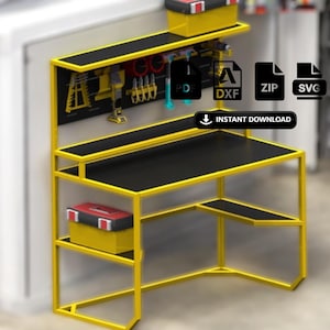 May include: A yellow and black workbench with a black work surface and a shelf above. The workbench has a yellow frame and a black back panel with tools hanging on it. The image includes the text "INSTANT DOWNLOAD".