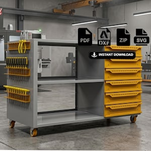 Puede incluir: Un carro de herramientas rodante de metal gris con cajones amarillos y estantes laterales para herramientas manuales. El carro cuenta con una sección de estantes abiertos e incluye iconos de archivos PDF, DXF, ZIP, SVG y el texto INSTANT DOWNLOAD.