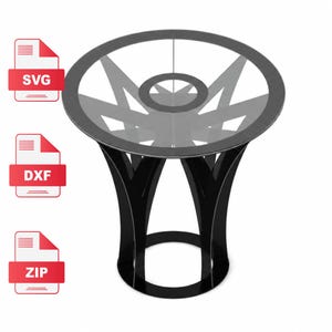 May include: A black and gray modern table with a circular glass top and a unique geometric base. The table has a diameter of approximately 36 inches. The image also includes red and white file icons labeled SVG, DXF, and ZIP.