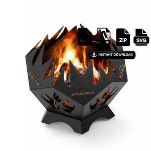 Könnte beinhalten: Schwarze Metall-Feuerstelle mit geometrischem Design und Flammen im Inneren. Die Feuerstelle hat ausgeschnittene Flammenformen und den Text "EASDIYFILE". Enthält Dateidownload-Symbole für PDF, ZIP und SVG-Formate mit einer Schaltfläche "SOFORT-DOWNLOAD".