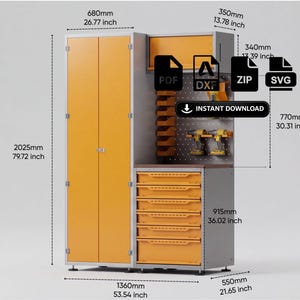 May include: A gray and yellow workshop storage unit with a tall cabinet, six drawers, a pegboard, and an upper shelf. Dimensions are 2025mm (79.72 inches) high, 1360mm (53.54 inches) wide, and 550mm (21.65 inches) deep. Includes PDF, DXF, ZIP, SVG files.
