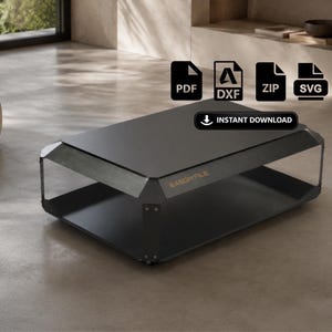 May include: A modern black coffee table with a geometric design. The table has a rectangular top and a lower shelf, with clear sides. The text "EASYFILE" is visible on the side. Includes file type icons and an "INSTANT DOWNLOAD" button.