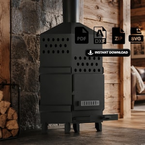 May include: A black metal wood-burning stove with a chimney, featuring multiple rectangular sections and a series of circular ventilation holes. The image includes file type icons and an "INSTANT DOWNLOAD" button, suggesting a digital product.