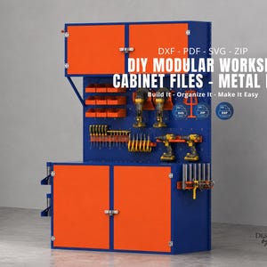 May include: A blue and orange modular workshop cabinet system featuring upper and lower storage doors, open shelving, and a pegboard back panel. Text reads: DIY MODULAR WORKSHOP CABINET FILES - METAL LASER, DXF - PDF - SVG - ZIP, Build It - Organize It - Make It Easy.