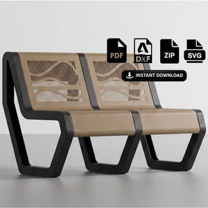 Puede incluir: Un banco de dos plazas con marco negro y paneles color canela con un diseño de corte de listones verticales ondulados. Sobre el banco hay iconos de PDF, DXF, ZIP y SVG, junto a un botón negro con el texto INSTANT DOWNLOAD.