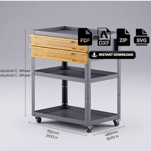 Puede incluir: Un carrito rodante de metal gris con dos cajones amarillos y dos estantes abiertos. El carrito mide 850mm de alto, 750mm de ancho y 480mm de profundidad. Incluye iconos de archivos PDF, DXF, ZIP, SVG y el texto INSTANT DOWNLOAD.