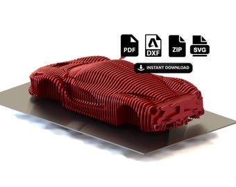 Könnte beinhalten: Ein rotes, geschichtetes Automodell liegt auf einer silbernen Oberfläche. Das Auto besteht aus vielen dünnen, parallelen Teilen, was ihm ein einzigartiges, strukturiertes Aussehen verleiht. Das Bild enthält Symbole für PDF-, DXF-, ZIP- und SVG-Dateiformate mit einem "SOFORT-DOWNLOAD"-Button.