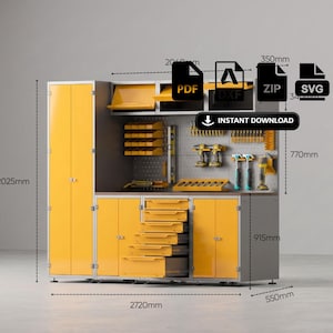 Puede incluir: Un sistema de almacenamiento modular para garaje en amarillo y gris con un armario alto, un banco de trabajo con cajones y un panel perforado. La unidad mide 2025mm de alto, 2720mm de ancho y 550mm de fondo. Incluye iconos PDF, DXF, ZIP, SVG y texto INSTANT DOWNLOAD.