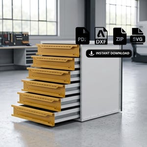 May include: A digital file set for a white storage cabinet with six yellow drawers featuring perforated handles. The files include PDF, DXF, ZIP, and SVG formats, labelled with an Instant Download button for fabrication and assembly projects.