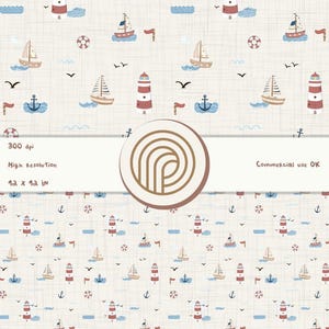 May include: A seamless digital pattern featuring nautical motifs including red and white lighthouses, sailboats, anchors, lifebuoys, and birds on a light beige background with a subtle grid texture. The image includes text stating 300 dpi, High Resolution, and 12 x 12 in.