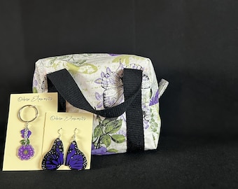 Purple Butterfly Floral Bag, Makeup Pouch, Art Supply Organizer, Zippered Pouch