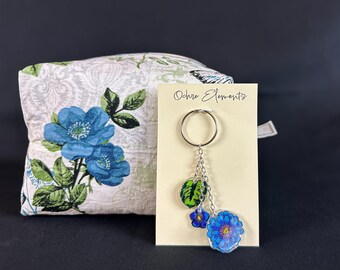 Blue Butterfly Bag, Makeup Pouch, Blue Flower Charm Keychain (5x4x4 inches)