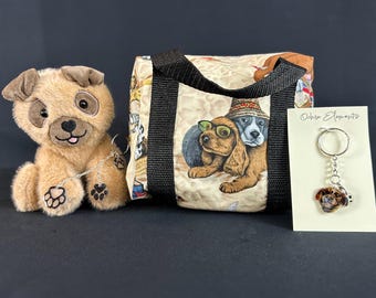 Dog Print Zipper Pouch, Makeup Toiletries Art Supplies Organizer, Paw Charm Keychain