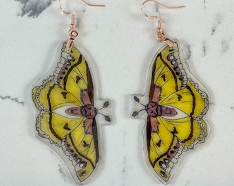 Moth dangle earrings yellow