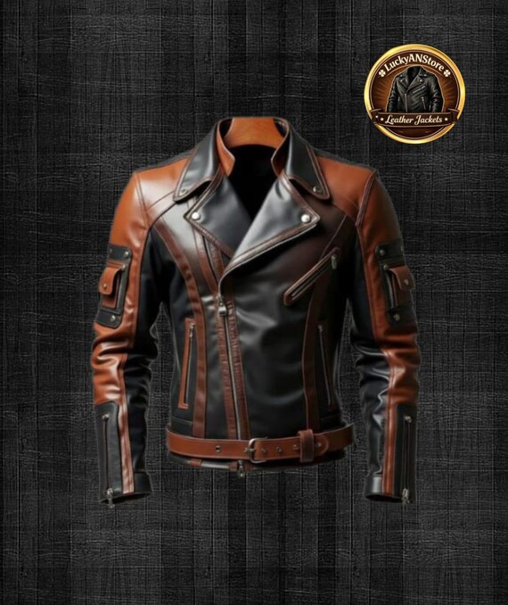 Men’s Black & Brown Biker Leather Jacket – Vintage Motorcycle Style Genuine Leather Jacket