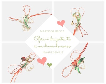 Broche Martisor Brosa Snow Drops, Martenitsa - porte-bonheur printanier, talisman, célébration du 1er mars - fil rouge et blanc