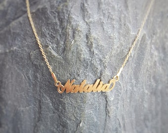 Natalia - Collar de nombre con plata de ley rellena de oro de 24k, nombre cortado con láser, collar de nombre personalizado, collar de cadena, chapado en oro rosa