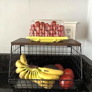 2 Tier Fruit Basket with Hooks, Stackable Hanging Kitchen Storage, Onion Holder, Wire Basket with Wood Lid