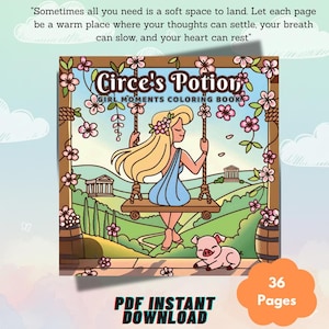 Puede incluir: Un libro para colorear titulado "Circe's Potion Girl Moments Coloring Book" presenta una ilustración de dibujos animados de una mujer en un columpio, con un cerdo y un fondo de paisaje. La portada del libro tiene un diseño floral y el texto "PDF Instant Download" y "36 Pages".