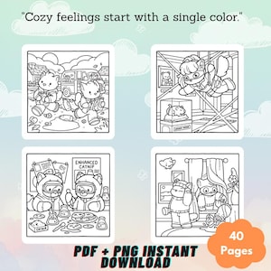 May include: A digital coloring book featuring four black and white line art illustrations of anthropomorphic cats in various scenes, including a milk delivery, a museum heist, a laboratory, and a home setting. Text reads: Cozy feelings start with a single color.