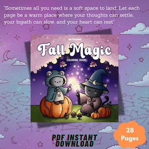 Könnte beinhalten: Ein Malbuch mit dem Titel "Fall Magic" mit einer Illustration von zwei Cartoon-Katzen in Kostümen, die Sterne halten und auf Kürbissen sitzen. Das Cover enthält den Text "PDF Instant Download" und "28 Seiten."