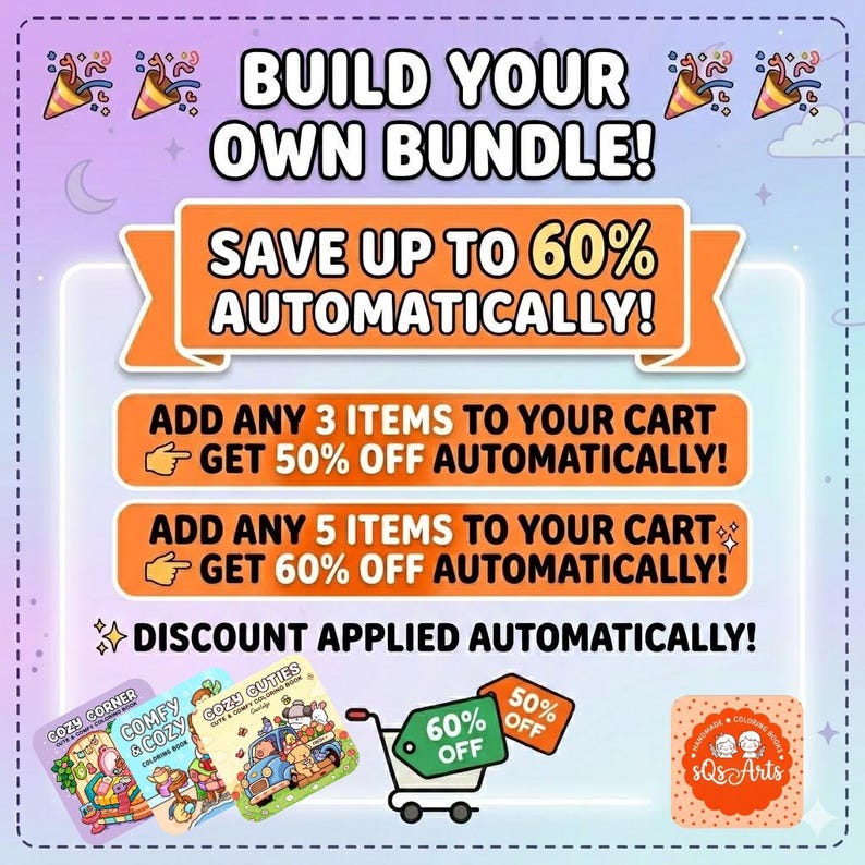 May include: A promotional graphic with a light purple background featuring the text BUILD YOUR OWN BUNDLE! SAVE UP TO 60% AUTOMATICALLY! ADD ANY 3 ITEMS TO YOUR CART GET 50% OFF AUTOMATICALLY! ADD ANY 5 ITEMS TO YOUR CART GET 60% OFF AUTOMATICALLY!