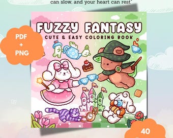 Könnte beinhalten: Ein digitales Malbuch mit dem Titel Fuzzy Fantasy Cute & Easy Coloring Book mit Illustrationen eines Kaninchens im rosa Kleid, eines Bären mit grünem Zaubererhut, einer Burg, einer Katze und Teesets. Enthält 40 Seiten als PDF und PNG.