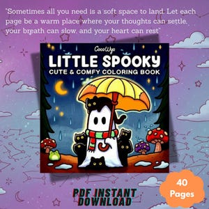 以下が含まれることがあります： 「Little Spooky」というタイトルのデジタル塗り絵本の表紙。傘の下にいるかわいいお化けのキャラクター、黒猫、キノコ、カエルに囲まれています。「Cute & Comfy Coloring Book」と「PDF Instant Download」の文字が含まれています。