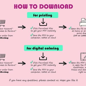 May include: A pink instructional infographic titled HOW TO DOWNLOAD with two sections for printing and digital coloring. It uses icons of a shopping cart, download arrow, printer, and tablet to explain the process of accessing files from Your Account.