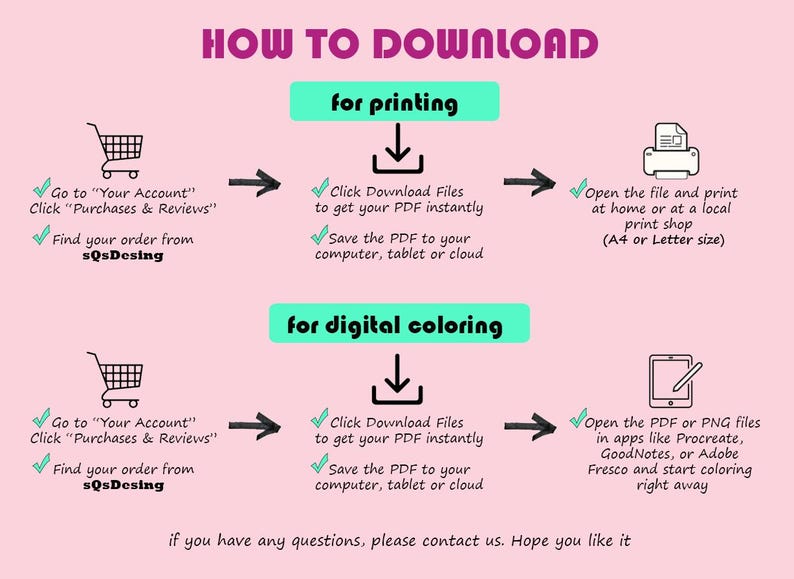 May include: A pink instructional infographic titled HOW TO DOWNLOAD with two sections for printing and digital coloring. It uses icons of a shopping cart, download arrow, printer, and tablet to explain the process of accessing files from Your Account.