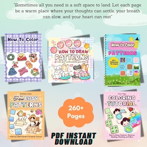 May include: Image of several coloring and drawing tutorial books. Titles include "How to Color Christmas Things", "How to Draw Patterns", and "Coloring Tutorial". The image also includes the text "260+ Pages" and "PDF Instant Download".
