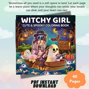 May include: A "Witchy Girl" coloring book cover with a spooky theme. The illustration features a witch in a boat with ghosts, pumpkins, and a "Don't Swim Here" sign. The book is a PDF instant download with 40 pages.