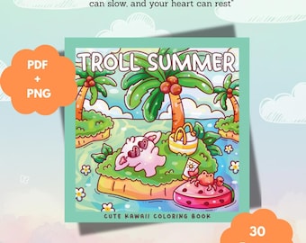 50-60% Off | Cute Troll Coloring Book PDF, Cozy Beach Vacation, Bold and Easy Aesthetic Kawaii Palm Trees Ocean Pages, Digital Download