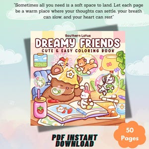 Könnte beinhalten: Ein Malbuch namens "Dreamy Friends" mit niedlichen Tierillustrationen, darunter ein Bär, eine Katze, ein Hund und ein Hase. Das Cover ist hell und einladend. Das Buch wird als ein süßes und einfaches Malbuch mit 50 Seiten beschrieben, das als PDF-Sofortdownload verfügbar ist.
