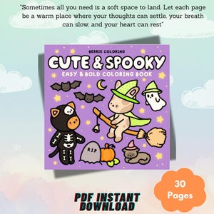 Puede incluir: Un libro para colorear cuadrado, morado, titulado "Cute & Spooky" con ilustraciones de Halloween. La portada presenta un gato negro con disfraz de esqueleto, un conejito en una escoba, murciélagos, un fantasma y un gato con sombrero de bruja. El libro tiene 30 páginas.