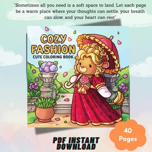 Puede incluir: Ilustración de un libro para colorear infantil titulado "Cozy Fashion". La portada presenta un personaje de oso con un vestido rojo y una sombrilla. El libro se anuncia como descarga instantánea en PDF con 40 páginas. El fondo incluye flores y elementos decorativos.