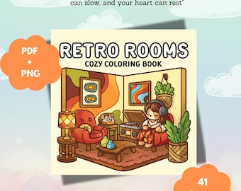 May include: A coloring book titled Retro Rooms Cozy Coloring Book featuring an illustration of a room with a red armchair, a record player, a lamp, and a character wearing headphones. The text reads: Sometimes all you need is a soft space to land.