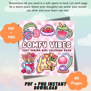 Puede incluir: Una portada de libro para colorear digital titulada COMFY VIBES COZY SPRING GIRL COLORING BOOK con ilustraciones de auriculares, fresas, una bebida, flores en un jarrón, un cárdigan y una lámpara sobre un fondo de cuadros rosas con texto.