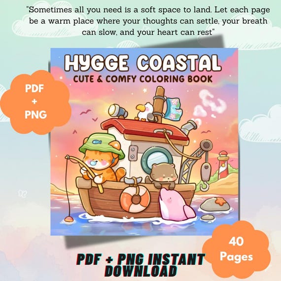 GET 50-60% off- Coastal Coloring Book PDF + PNG | Cute Cozy Beach Coloring Pages for Adults & Kids, Hygge Coloring Book (Digital Download)
