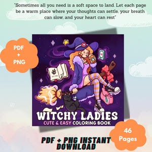 May include: A digital coloring book cover titled Witchy Ladies Cute & Easy Coloring Book featuring an illustration of a character in a witch hat riding a broomstick with a black cat, an open book, and a pink bag against a dark purple starry background.