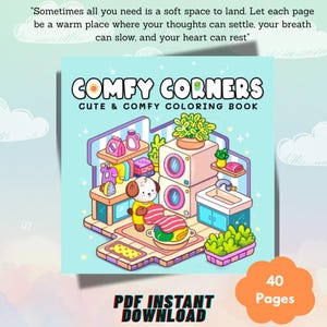 Op de afbeelding: Vierkante kleurboekcover met de titel "COMFY CORNERS" en de ondertitel "CUTE & COMFY COLORING BOOK". De cover toont een geïllustreerde wasruimte met een hond, een wasmachine en een gootsteen. De tekst "PDF INSTANT DOWNLOAD" en "40 Pages" zijn ook zichtbaar.