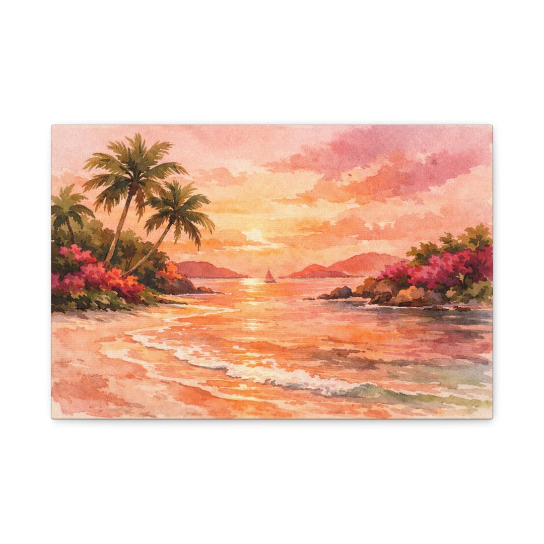 Tropical Sunset Beach Watercolor Painting Matte Canvas - Etsy