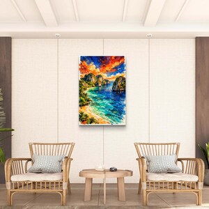 Tropical Watercolor Sunset coastline Rolled Posters | Limestone Cliffs, Turquoise Sea