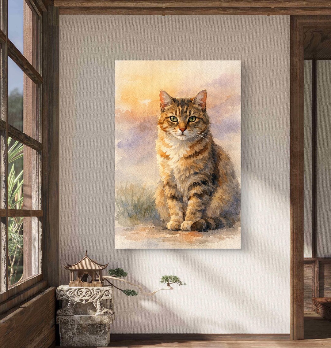 Watercolor Tabby Cat Wall Art Rolled Poster | Soft Neutral Pet Portrait ...