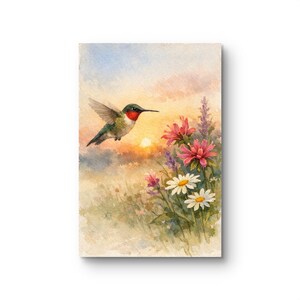 May include: Watercolour painting of a hummingbird in flight, with a red throat and green back, set against a sunset. Pink and white flowers and lavender blooms are in the foreground. The artwork has a soft, painterly style.