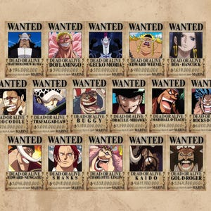 Könnte beinhalten: Eine Sammlung von "Wanted"-Postern mit verschiedenen Charakteren. Jedes Poster zeigt ein Porträt, den Schriftzug "WANTED" oben und "DEAD OR ALIVE" mit einem Kopfgeld darunter. Die Poster sind in Reihen und Spalten angeordnet.