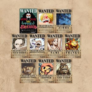 May include: A collection of "Wanted" posters featuring characters from the anime series One Piece. Each poster displays a character portrait, the words "Wanted" and "Dead or Alive?", and a bounty amount in US dollars. The posters are on a tan background.