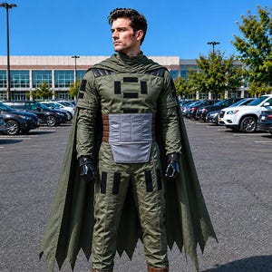 May include: A person wearing a green and black superhero costume with a cape. The costume includes a hooded top, gloves, and brown boots. The person is standing in a parking lot with cars in the background.